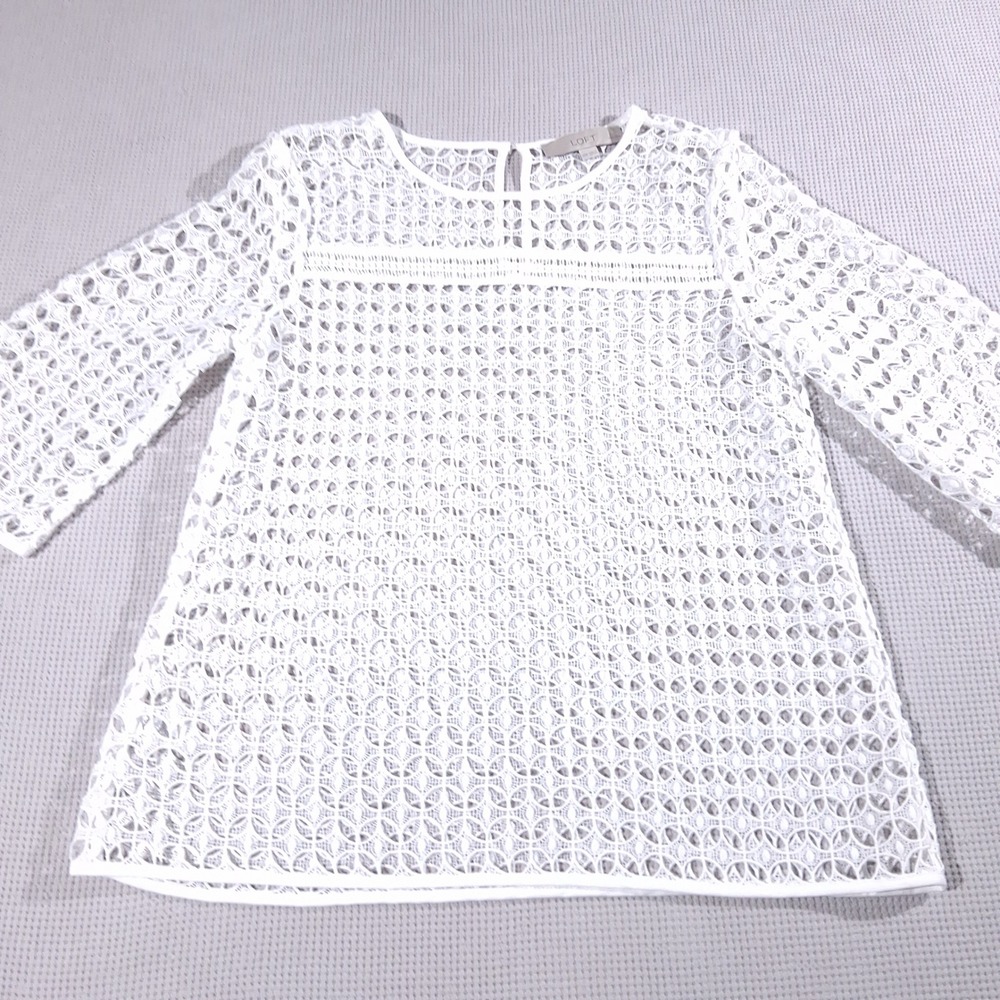 LOFT Petite White Lace Blouse XXSP Geometric Floral Eyelet 3/4 Sleeve Casual Top